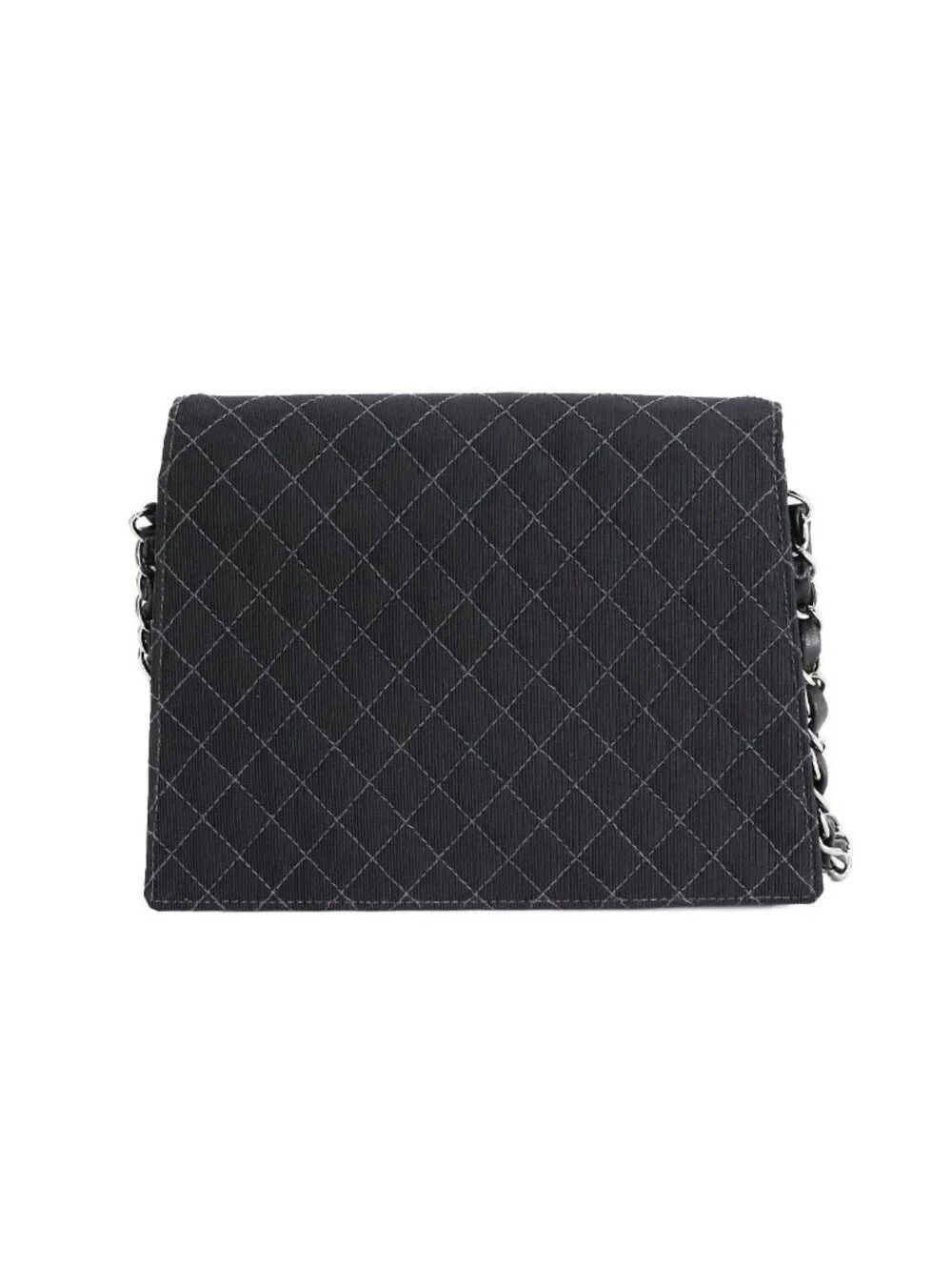 Chanel Quilted Emblem Chain Shoulder Bag Canvas Leather Black Silver